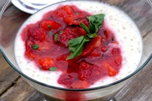 Coconut Milk Tapioca Pudding with Strawberries and Basil