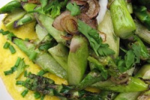 Stir-Fried Asparagus & Shallots on Fresh Herb Egg Pancake for One