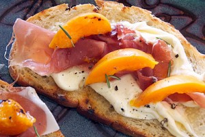 Grilled Apricot, Mascarpone, and Prosciutto Toasts
